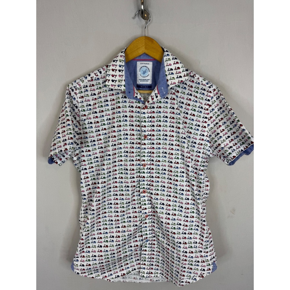 A Fish Named Fred Mens S White Vespa Scooter Print Short Sleeve Button Down